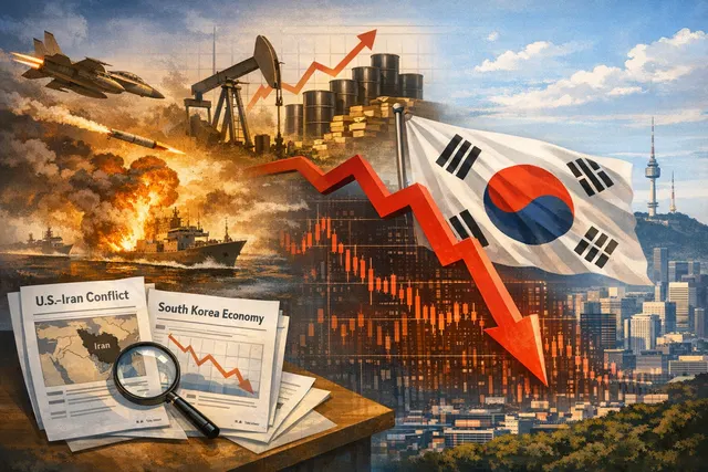 Stock market chart with downward trend lines, a globe in the background, and flags of South Korea, the United States, and Iran overlaid
