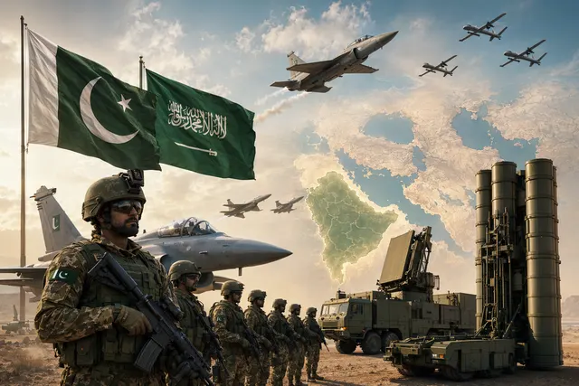 Illustration representing Pakistan deploying troops, fighter jets, drones, and air defense systems to Saudi Arabia under a defense pact