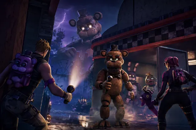 Illustrative scene of animatronic characters outside a spooky pizzeria, representing the Fortnite and Five Nights at Freddy’s crossover