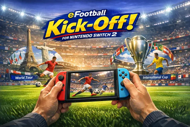eFootball Kick-Off! gameplay on Nintendo Switch 2 showing a player about to score a goal