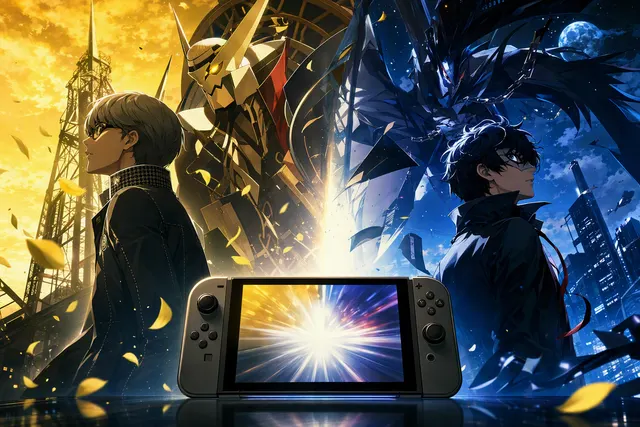 Editorial illustration representing Persona 4 Revival and Persona 6 coming to Nintendo Switch 2