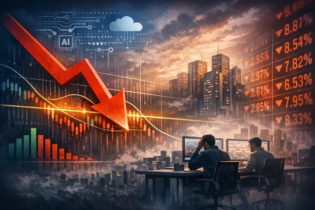 A dramatic downward stock chart with a flashing red sell signal superimposed over a digital background of interconnected network nodes, representing the U.S. software stock crash.