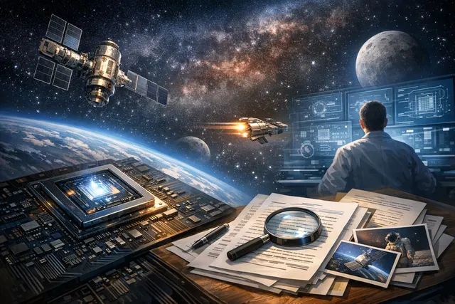 Concept render of Intel Starfire space-grade processor with Earth in background, symbolizing on-orbit AI computing