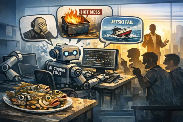 Conceptual illustration of the contrast between Google's public celebration of AI-generated code and internal employee mockery, showing a split screen between an executive stage an