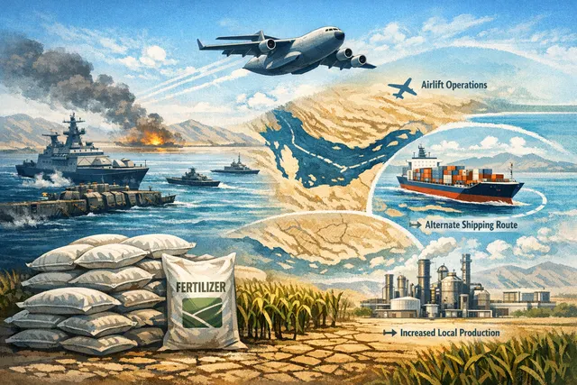 A large cargo ship carrying fertilizer containers is docked at a busy industrial port, illustrating the global race to secure agricultural supplies amid the Strait of Hormuz disrup