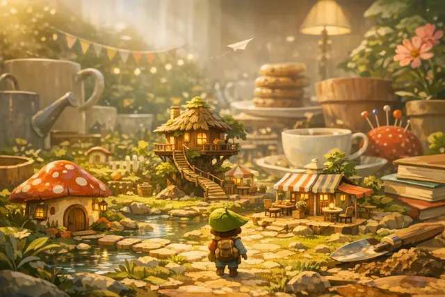 AI-generated illustration of a cozy miniature magical world inspired by Animula Nook