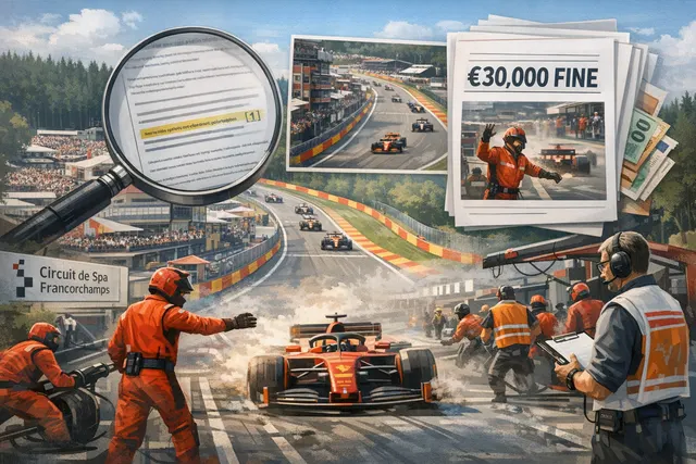 AI-generated illustration of a Formula 1 pit stop incident at the Belgian Grand Prix