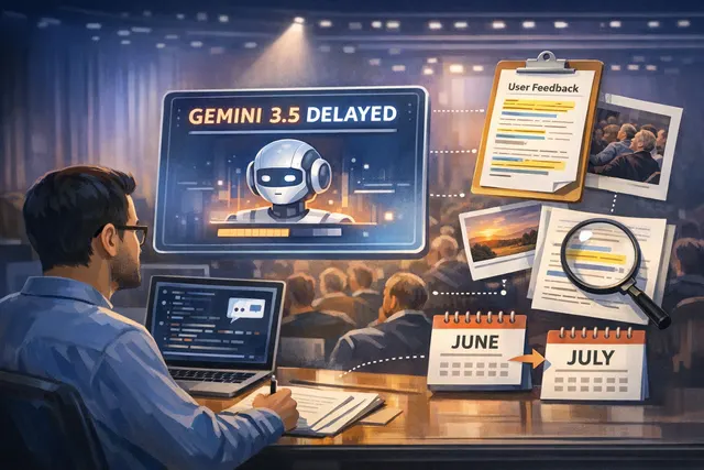Google Gemini 3.5 Pro delay visual with Sundar Pichai at I/O 2026 and benchmark comparison chart