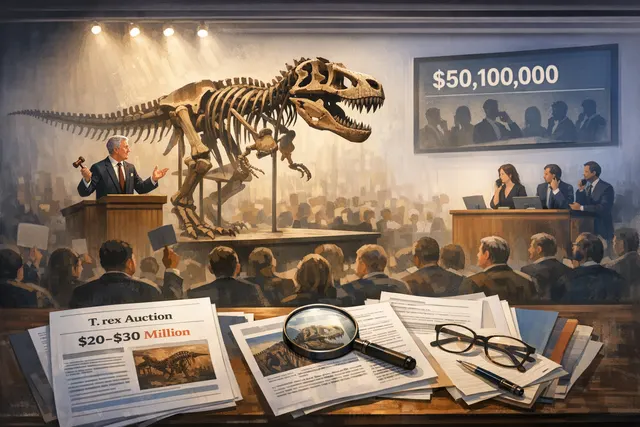 Conceptual illustration of a Tyrannosaurus rex skeleton displayed at an auction house, representing the record-breaking sale of the T. rex fossil 'Gus' at Sotheby's.