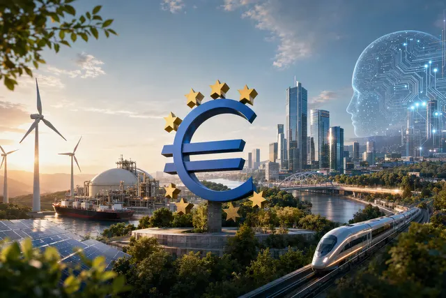 Illustration representing the euro area’s response to an energy shock through energy diversification and AI-related growth