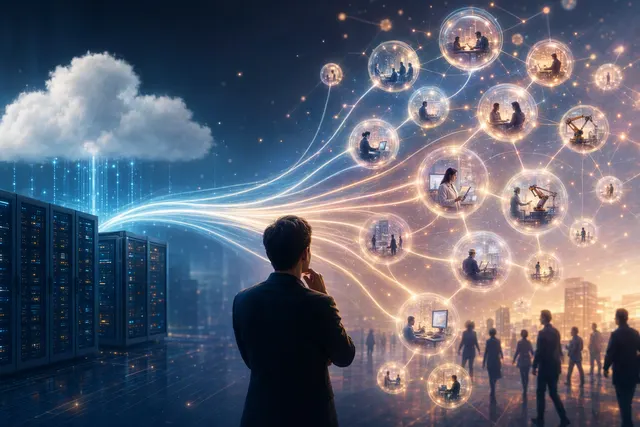 Illustration of AI agents coordinating digital work across cloud-connected applications