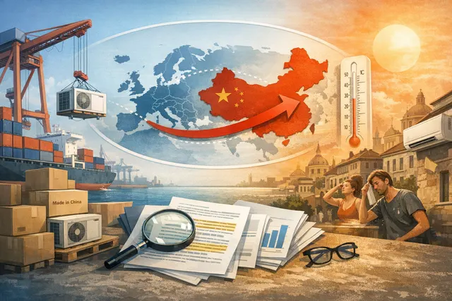 A conceptual image representing heatwaves, air conditioning, and global trade — a thermometer against a globe with AC unit graphics overlaid on a map of Europe.