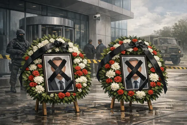 Illustration of funeral wreaths and a black-ribbon portrait outside a European defense company