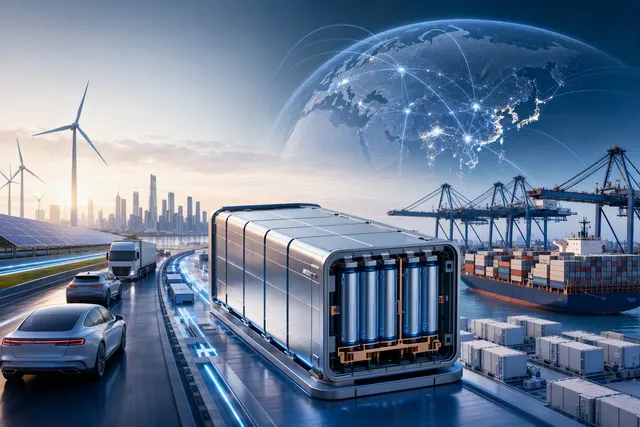 Editorial illustration of lithium-ion battery cells and an electric-vehicle battery supply chain