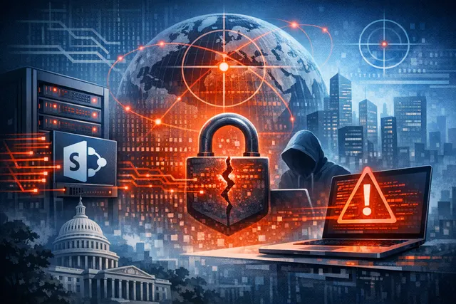 A digital security alert icon hovering over a server rack, representing the high-severity SharePoint remote code execution vulnerability CVE-2026-45659.