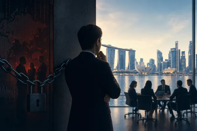 Editorial illustration representing cybersecurity risks, breach response and employee AI oversight in Singapore