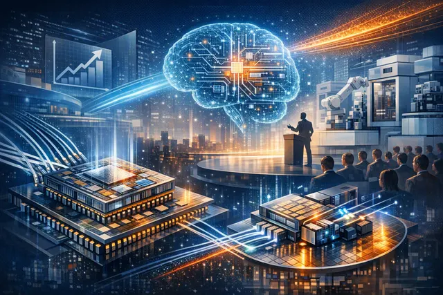 Editorial illustration of interconnected AI chips, advanced semiconductor packaging and optical links inside a data center