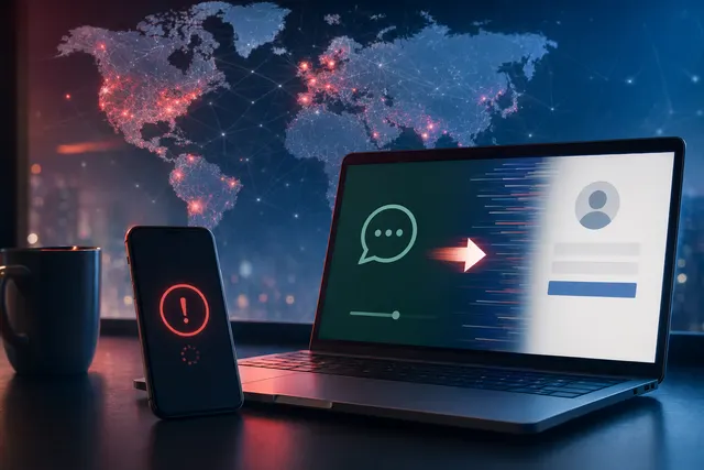 Illustration showing WhatsApp Web redirecting to a Facebook login page during an outage