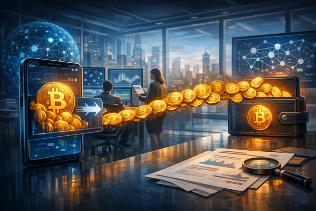Bitcoin-themed digital illustration of a wallet transaction showing 1,030 BTC moving from Strategy to an external address, with blockchain network nodes in the background