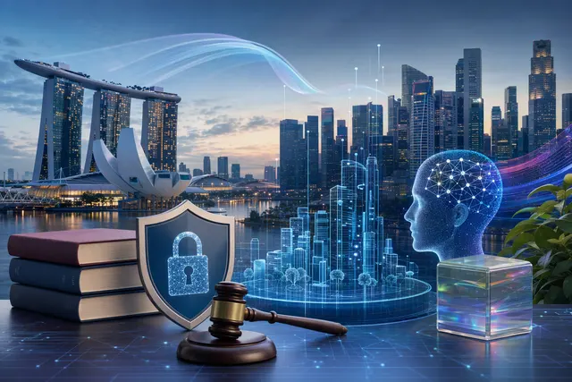 Conceptual illustration for an article about Singapore’s GenAI data-protection guidance and chatbot transparency initiatives