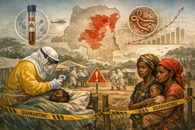 Editorial illustration of the 2026 Bundibugyo Ebola outbreak in the Democratic Republic of Congo and the race to develop a matching vaccine