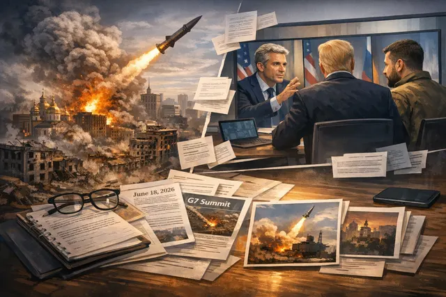 AI-generated editorial hero image depicting the June 18, 2026 ballistic missile strike on Kyiv after Zelenskyy's post-G7 call with Trump and Macron.