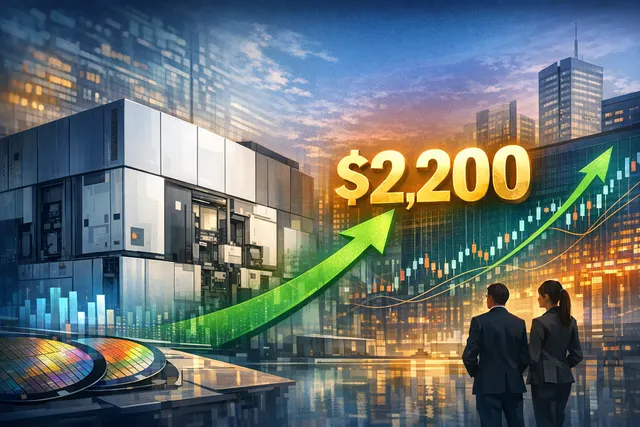 Abstract visualization of ASML's stock chart surging upward alongside semiconductor chip and AI circuitry motifs, representing the AI-driven demand behind JPMorgan's $2,200 price t