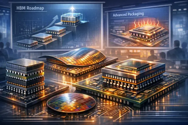 Editorial illustration of stacked HBM memory beside an AI processor, representing Samsung and SK hynix’s Hot Chips 2026 roadmaps
