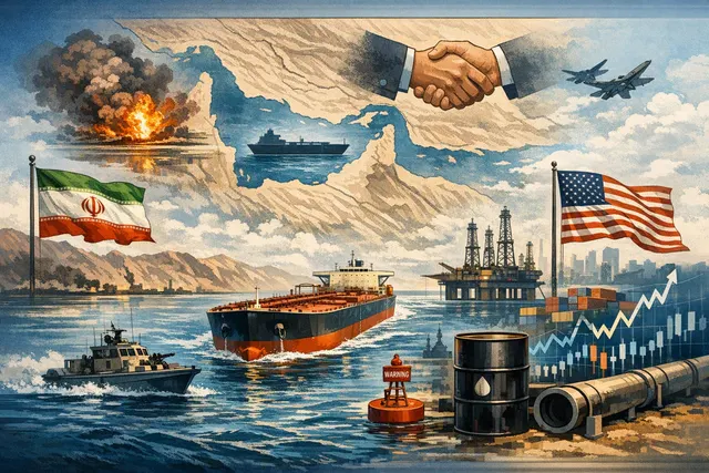 Editorial illustration of oil tankers navigating a disrupted Strait of Hormuz amid geopolitical tension