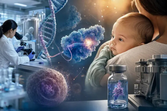 Conceptual illustration accompanying an article about personalized CRISPR treatment for CPS1 deficiency