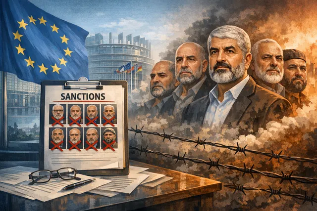 Illustration of EU sanctions documents with Hamas and Israeli settler figures on a map of the Middle East