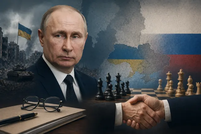Illustration representing diplomacy and conflict in the Russia–Ukraine war