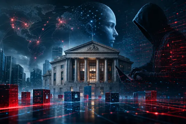 Illustration of AI-enabled cyber risk targeting banks and digital financial infrastructure