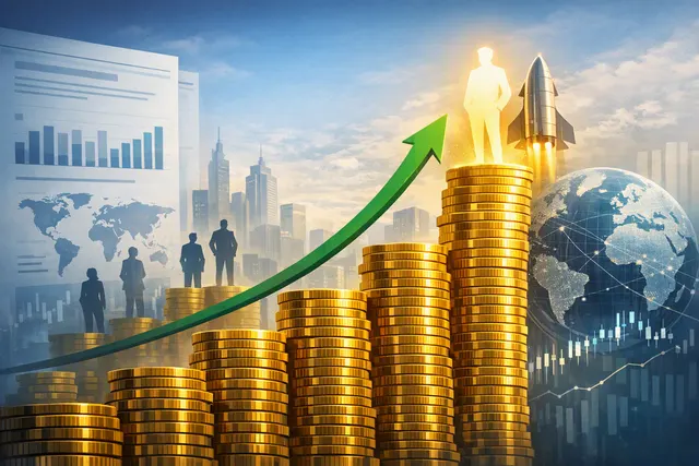 Editorial illustration of global billionaire rankings, featuring Elon Musk at the top of a wealth leaderboard