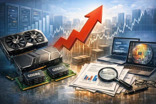 Illustration of GPU and DRAM memory chips with upward-trending price charts, representing the 2026 graphics card price crisis driven by AI memory demand.