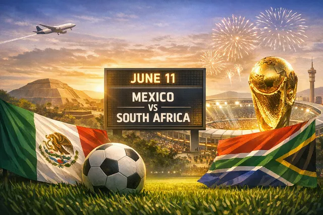 Illustration of a global soccer event set in a stadium with flags from the US, Canada, and Mexico, symbolizing the 2026 tri-nation FIFA World Cup.