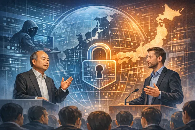 Masayoshi Son speaking at the SoftBank-OpenAI cybersecurity event in Tokyo on June 16, 2026, with Patching as a Service branding visible.
