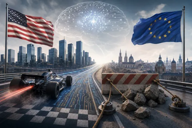 Editorial illustration of the debate over European AI sovereignty and the pace of AI development