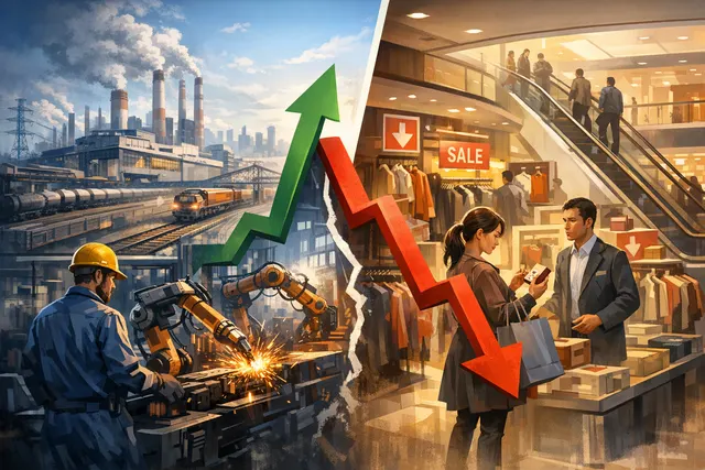 Conceptual image contrasting a thriving industrial factory skyline with a subdued, darkened consumer retail street in China.
