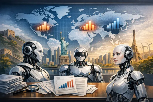 AI-generated editorial hero image for the July 2026 LexisNexis humanoid robot patent report showing Chinese and American flags alongside a humanoid robot