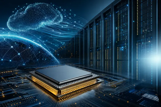 Illustration of AI data-center racks and server CPUs representing agentic AI infrastructure.