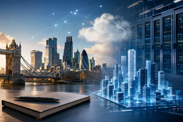 Illustration of AI data-center infrastructure and pre-IPO financing for Nscale