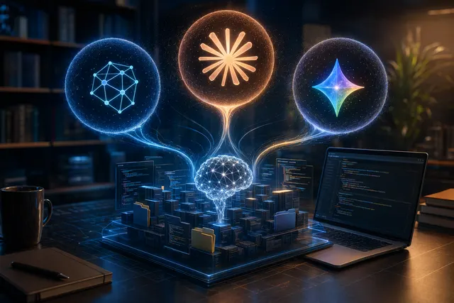 Editorial illustration of AI coding assistants compared across repository work and benchmark results