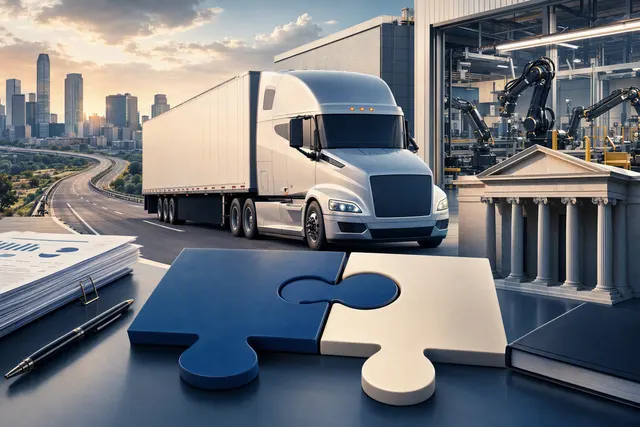 Illustration of an autonomous freight truck on a highway, representing PlusAI’s planned SPAC merger and commercial trucking ambitions