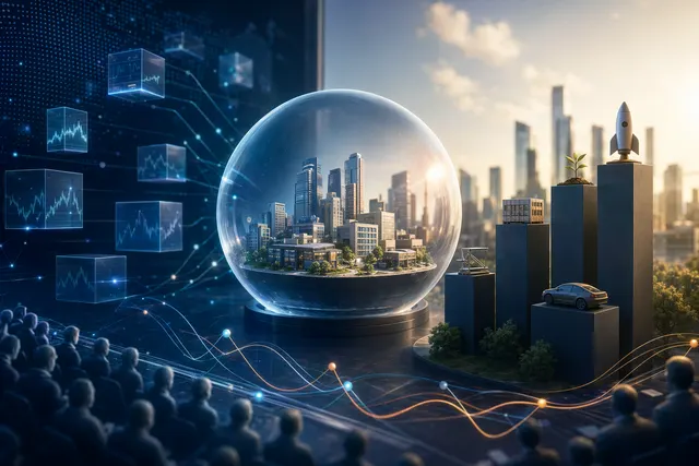 Concept illustration of prediction markets for private tech companies such as OpenAI and SpaceX