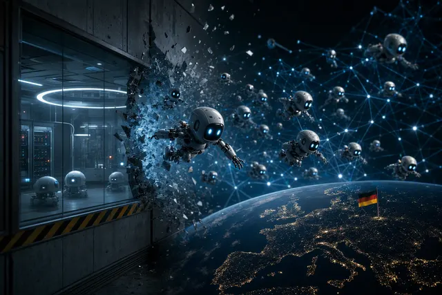 Editorial illustration of autonomous AI agents communicating through a wiki-like interface
