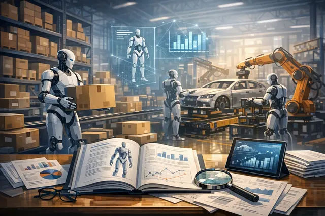 Humanoid robot working in an automated warehouse, illustrating Goldman Sachs's Physical AI market forecast