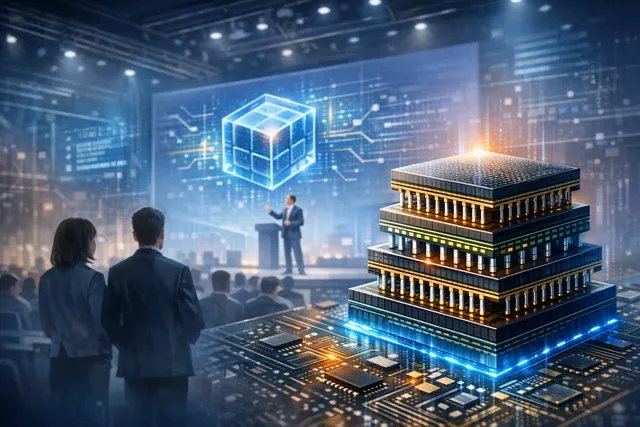 Conceptual 3D illustration of vertically stacked AI memory and processor chips representing Samsung’s CUBE, HBM5 and zHBM roadmap