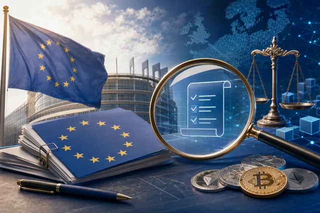 Illustration representing the European Union reviewing its MiCA crypto regulation framework