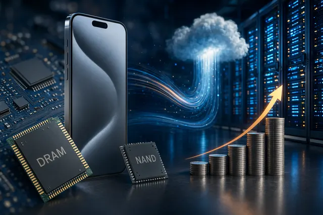 Illustration of smartphones and memory chips representing rising device costs driven by AI demand for DRAM and NAND